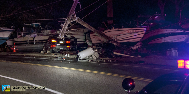 Vehicle vs. utility pole at Seaport Yacht Sales, East Water Street, Toms River on December 9th, 2014.